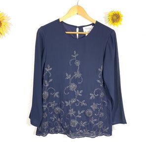 JSong NWT Vintage Womens Navy Blue Beaded Floral Blouse Size Petite Small